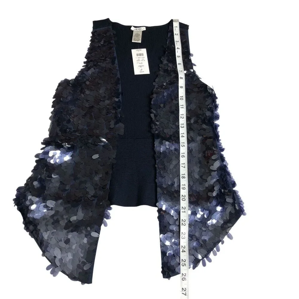 Cache Cardigan Vest Womens S Blue Sequined Sleeveless Open Ribbed Career Chic - Picture 11 of 12